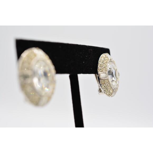 Givenchy Crystal Clip Earrings Baguette Rhinestone Oval Silver Tone Signed 9D - Picture 5 of 12